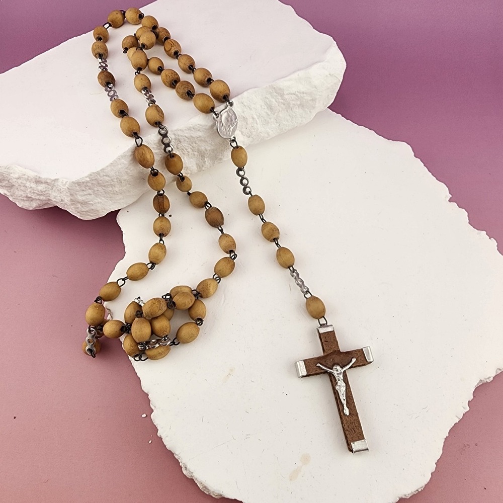 Wood Bead Rosary Necklace Brown Leather Crucifix Jesus Cross Catholic Prayer